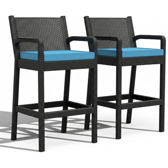 Outdoor Wicker Bar Stools Set of 2, 30 Inch Bar Height Patio Barstools with Thickened Cushions, All-Weather Wicker Rattan Bar Chairs with Backrest & Footrest for Backyard, Pool, Balcony, Blue