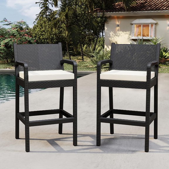 Outdoor Wicker Bar Stools Set of 2, 30 Inch Bar Height Patio Barstools with Thickened Cushions, All-Weather Wicker Rattan Bar Chairs with Backrest & Footrest for Backyard, Pool, Balcony