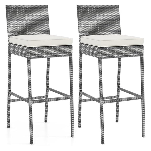 Outdoor Wicker Bar Stools Set of 2, 30'' Patio Bar Height Chairs with Cushion, Footrest and Backrest, Rattan Barstools for Backyard Poolside Deck (Grey)