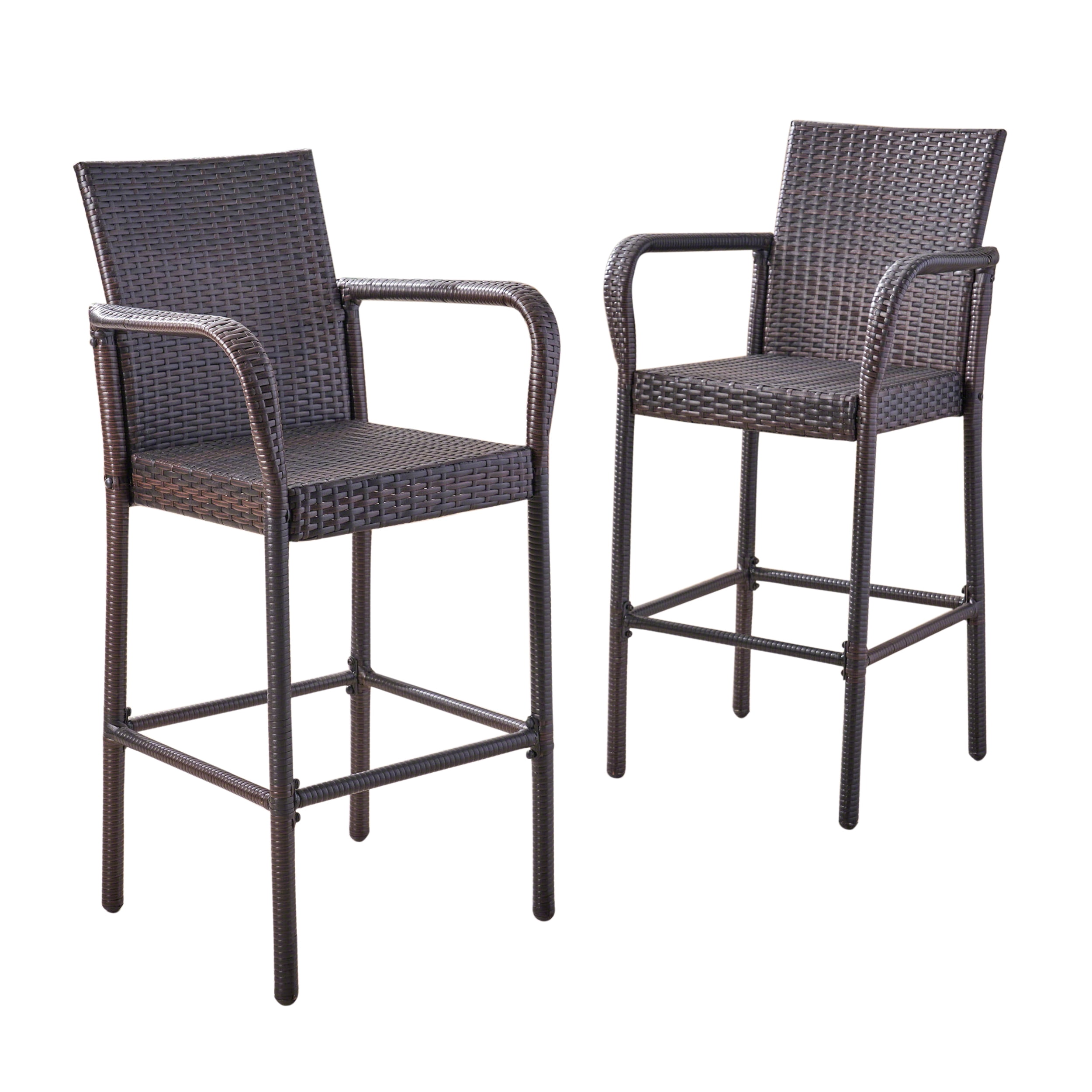 Outdoor Wicker Bar Stools, Set of 2, Brown