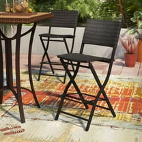 Outdoor Wicker Bar Stools Set of 2, Foldable Faux Rattan Patio Stools with Iron Frame, 28" Seat Height, Brown Multi
