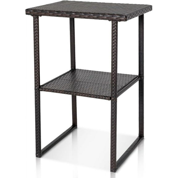 Outdoor Wicker Bar Table, 36 Inch Counter Height Patio High Top Dining Table, Rattan Bistro Pub Table with Storage Shelf for Deck Poolside Balcony Garden, Variegated Brown