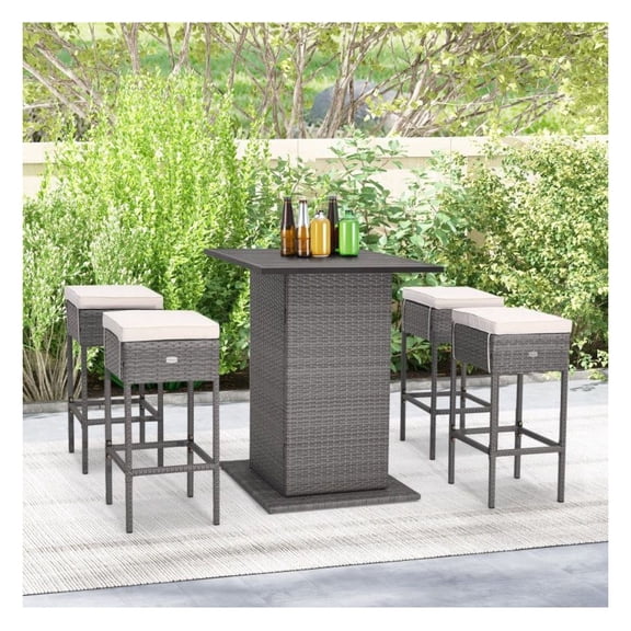 Outdoor Wicker Bar Table Set with Storage, 5 Pieces Patio Bar Set with Beige Cushions, PE Rattan Bistro Set for Backyard, Poolside, Garden - White
