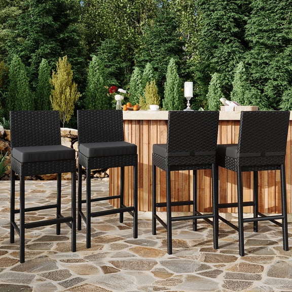 Outdoor Wicker Barstools Set of 4,Rattan Patio Bar Stools for Backyard, Brown+beige/dark gray/blue