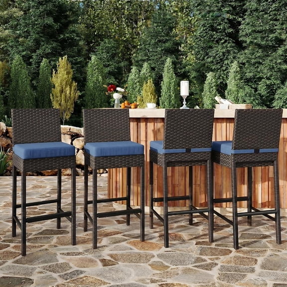 Outdoor Wicker Barstools Set of 4,Rattan Patio Bar Stools for Backyard, Brown+beige/dark gray/blue