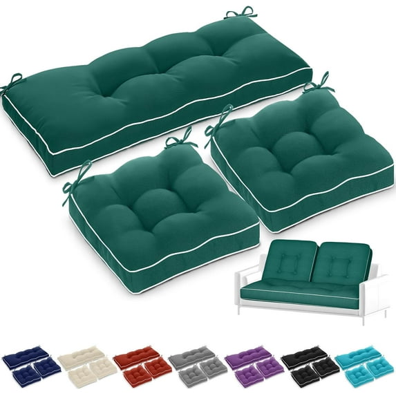 Outdoor Wicker Chair Cushions of 3 Pieces 44 x 19 x 4 Inch Waterproof Tufted Bench Cushions for Patio Furniture Fade Resistant 1 Loveseat and 2 Square Seat Pad for Swing Sofa Settee (Green)
