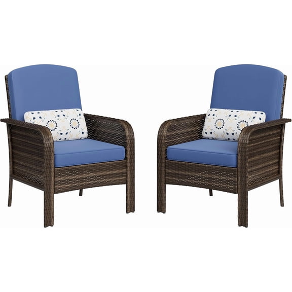 Outdoor Wicker Chairs Set of 2, All Weather Patio Rattan Armchairs with High Back & Deep Seat, Comfortable Outdoor Dining Chairs for Porch Deck Backyard, Brown Wicker with Blue Cushions