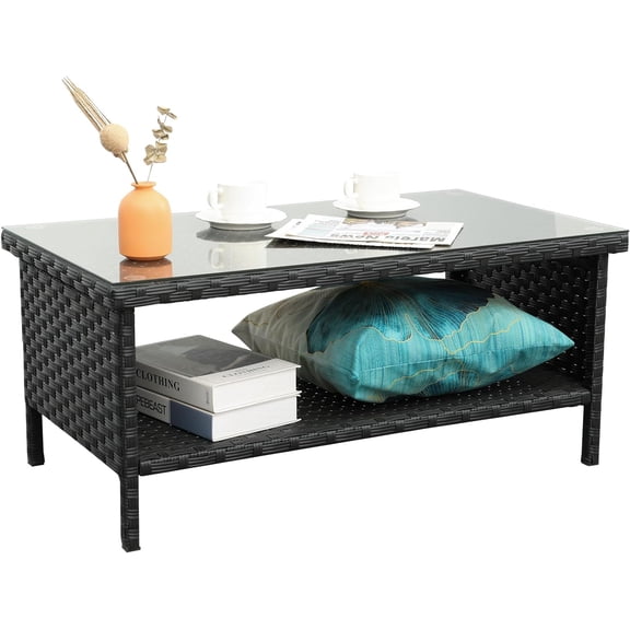 Outdoor Wicker Coffee Table Patio Furniture Garden Rattan 2-Layer Glass Table with Storage and Furniture Cover, Black