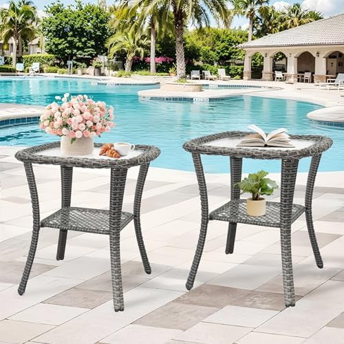 Outdoor Wicker Coffee Table Set of 2, 2-Tier Sturdy Patio Table with Tempered Glass Small Outdoor Wicker Side Table with Storage Shelf for Patio,Balcony & Porch,with PE Rattan & Iron Frame