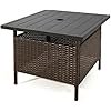 Outdoor Wicker Coffee Table With Umbrella Insert Hole, HDPE Tabletop & Sturdy Metal Frame For Patio, Garden, Poolside Use