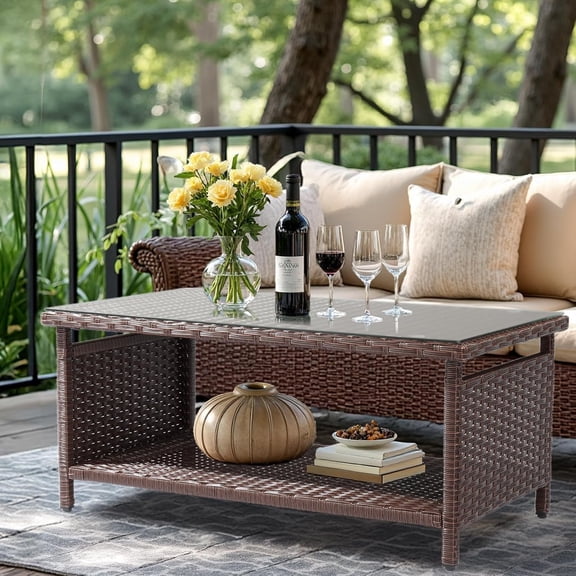 Outdoor Wicker Coffee Table with Tempered Glass Top and Storage Shelf for Balcony Deck