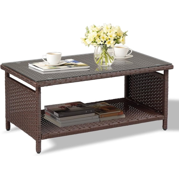 Outdoor Wicker CoffeeTable Patio Coffee Tables for Outside, Tempered Glass Top Wicker Table with Storage Coffee Table for Patio Balcony Porch Deck (Brown)