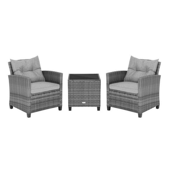 Outdoor Wicker Conversation Set - 3 Piece Patio Furniture Set with Tempered Glass Table - Mix Gray Rattan, Gray Cushions