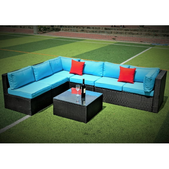 Outdoor Party Wicker Sectional Seating for Patio, 2021 Upgrade 7-Piece Conversation Furniture Set w/2 Corner Sofa, Coffee Table Table, 4 Mid Seats, 14 Padded Cushions, 2 Pillows, SS614