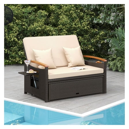 Outdoor Wicker Daybed with Storage Ottoman - Adjustable Patio Loveseat Sofa, Mix Brown Rattan, Beige Cushions - Conversation Set, Daybed, Space Saving Design