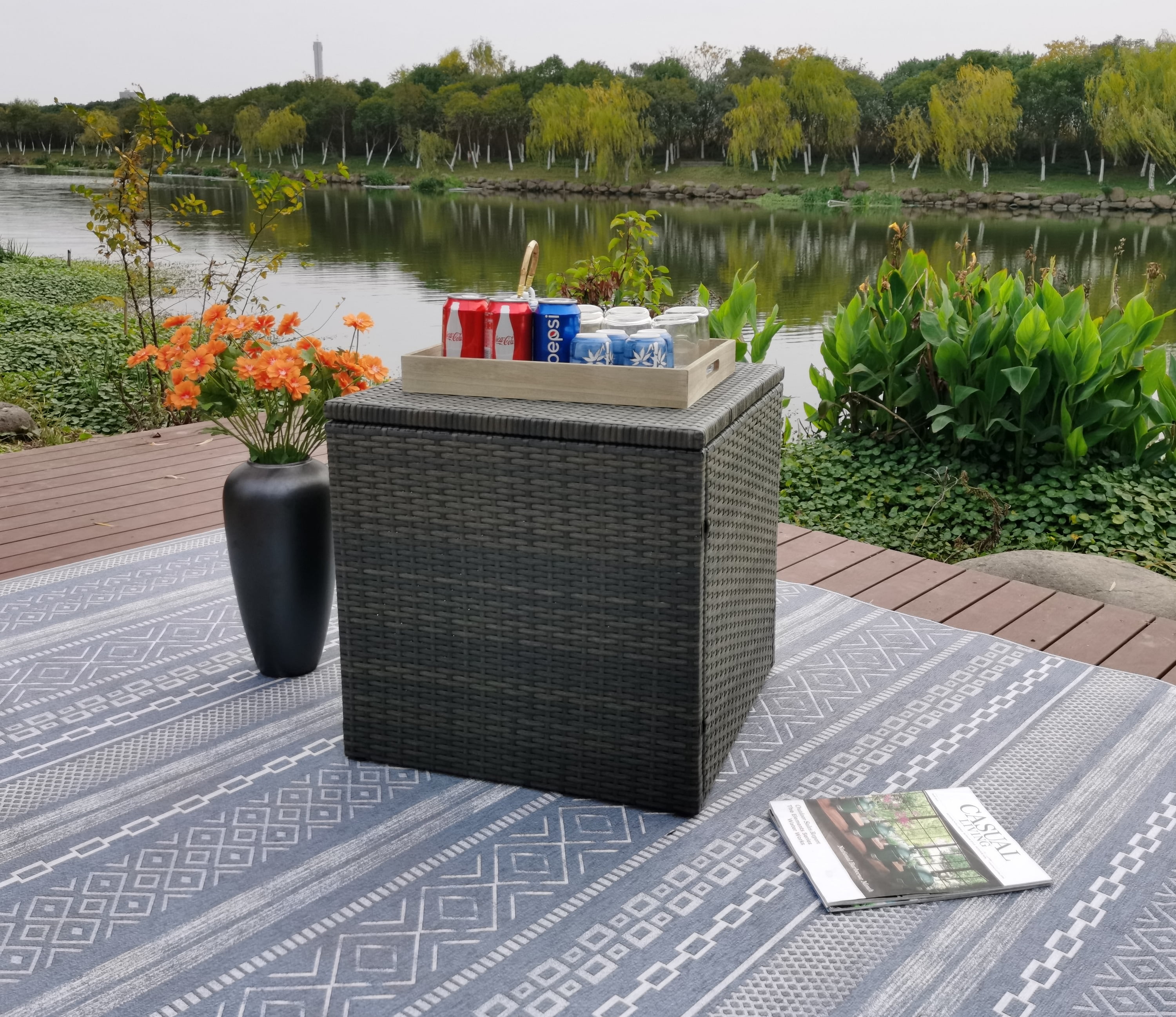 Outdoor Wicker Deck Box with Powder-Coated Steel Frame, Brown, 20