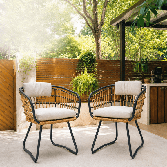 Outdoor Wicker Dining Chairs Set of 2, Patio Dining Chairs with Cushions, Rattan Dining Armchairs for Lawn, Garden, Poolside, Backyard, Porch, Beige