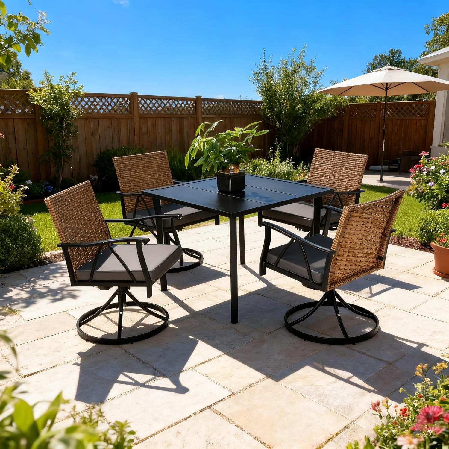 Outdoor Wicker Dining Set for 4-5-Piece Furniture with Swivel Rocker Chairs, Steel Table, and Removable Cushions - Perfect for Backyard, Garden, Deck, Poolside 32.68 x 22.83 Inch Table