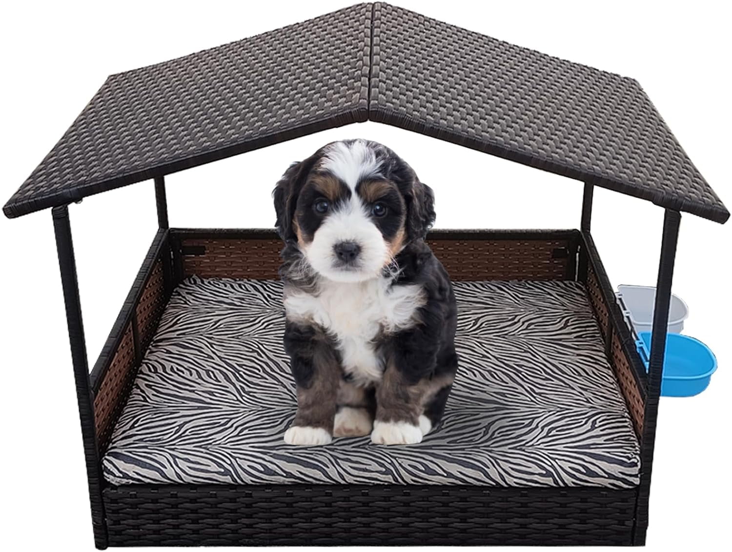Outdoor Wicker Dog House with Canopy, Rattan Outside Dog Shelter with Removable Cushion Lounge, Washable Cover, Dog Bowl, Elevated Raised Rattan Dog Bed for Small to Medium Dogs & Cats