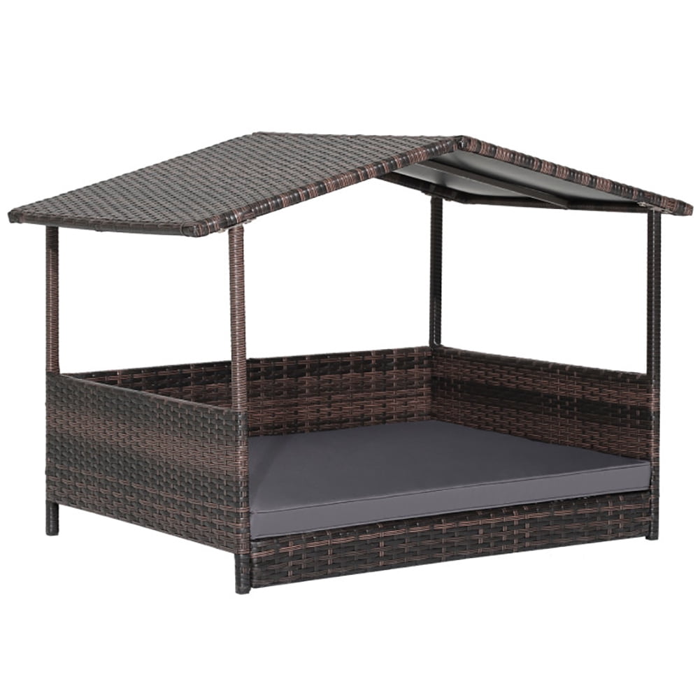 Large Gray Wicker Outdoor Dog House with Weatherproof Roof