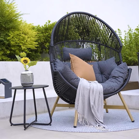 Outdoor Wicker Egg Chair Patio Lounge Chair with Olefin Thick Cushion, Cocoon Chairs for Outdoor, Living Room, Balcony, Porch, Poolside