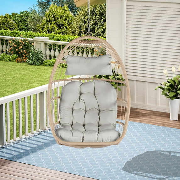 LEGAHOME Rattan Egg Swing Chair, Outdoor Wicker Hanging Chair with Removable Cushion, Folding Hammock Chair Hanging Basket Chair for Garden Porch Backyard, Light Gray