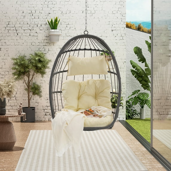 LEGAHOME Rattan Egg Swing Chair, Outdoor Wicker Hanging Chair with Removable Cushion, Folding Hammock Chair Hanging Basket Chair for Garden Porch Backyard, Khaki