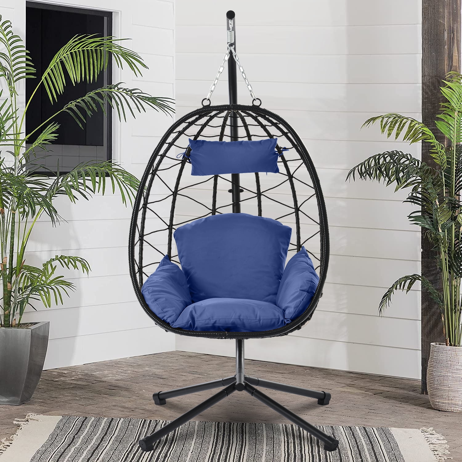 Outdoor Wicker Egg Chair with Stand Indoor Outdoor Swing Chair Heavy Duty Hammock Chair Patio Hanging Basket Chair with Removable Cushion Outdoor