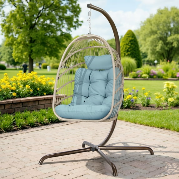 Outdoor Wicker Egg Chair with Stand Blue Hanging Swing Chair 350lbs for Living Room Bedroom