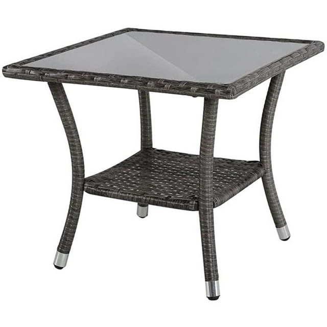 JOIVI Outdoor Wicker End Table Square Glass Top Rattan Coffee Table with Storage, Aluminum Frame, Gray