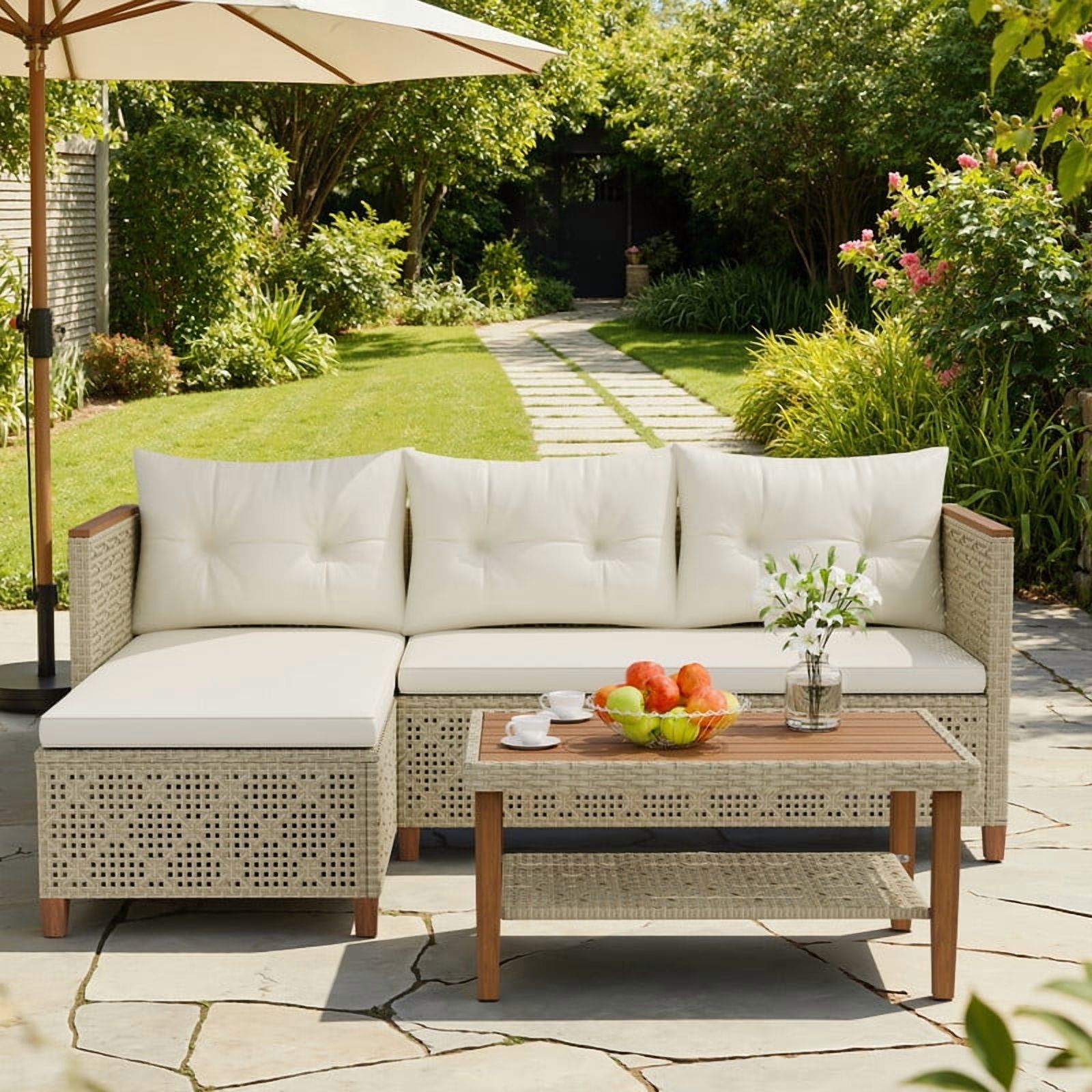 Homall Outdoor Wicker Furniture Set 3 Pieces Patio Chaise Conversation Set, L-Shaped Rattan Sofa Couch with Acacia Wood Coffee Table for Deck Porch and Garden