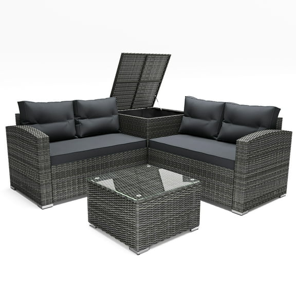 Outdoor Wicker Furniture Set, 4 PCS PE Rattan Sectional Sofa Set with Side Storage Table, Coffee Table and 2 Loveseats, Cushioned Conversation Chairs Set for Patio, Yard, Poolside, Deck, Gray, D5643