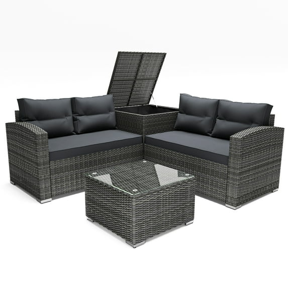 Outdoor Wicker Furniture Set, 4 PCS PE Rattan Sectional Sofa Set with Side Storage Table, Coffee Table and 2 Loveseats, Cushioned Conversation Chairs Set for Patio, Yard, Poolside, Deck, Gray, D5643