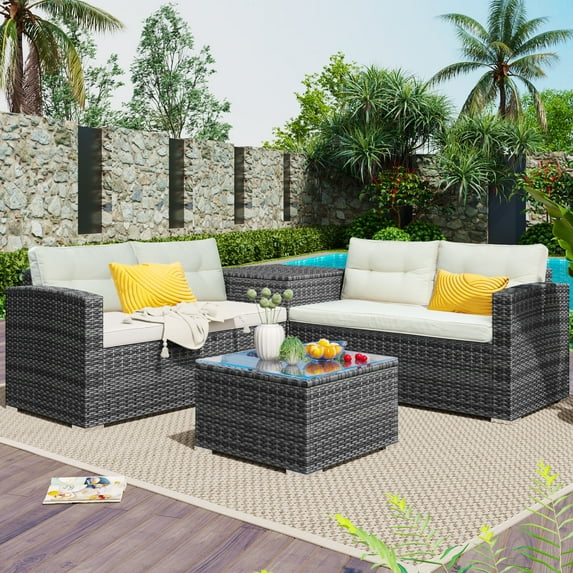 Outdoor Patio Furniture Sets, 4 Pieces Wicker Sectional Sofa Set with 2 Cushioned Loveseats, Glass Coffee Table and Side Cabinet, Rattan Conversation Set for Backyard, Poolside, Deck, Beige, D6879