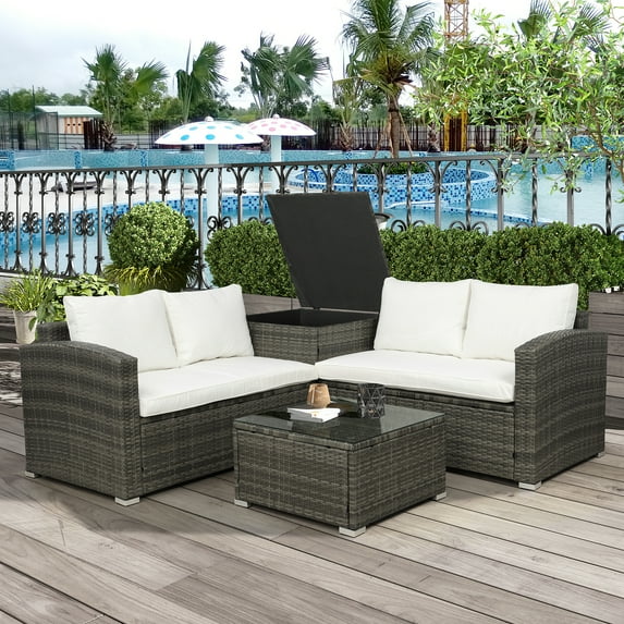 Outdoor Wicker Furniture Set, 4 PCS PE Rattan Sectional Sofa Set with Side Storage Table, Coffee Table and 2 Loveseats, Cushioned Conversation Chairs Set for Patio, Yard, Poolside, Deck, Beige, D6871