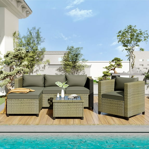 Outdoor Wicker Furniture Set, 5 Piece PE Rattan Sectional Sofa Set with Coffee Table and Ottoman, Cushioned Conversation Chairs Set for Patio, Yard, Poolside, Deck, Gray, D6871