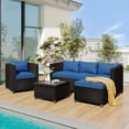 thumbnail image 1 of Outdoor Wicker Furniture Set, 5 Piece PE Rattan Sectional Sofa Set with Coffee Table and Ottoman, Cushioned Conversation Chairs Set for Patio, Yard, Poolside, Deck, Blue, D8664, 1 of 10