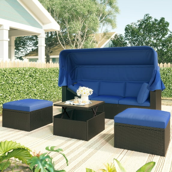 Outdoor Wicker Furniture Set with Canopy, SYNGAR 4 Pieces Daybed Sunbed Set with Ottomans and Table, Cushioned Sectional Sofa Set, Conversation Chair Set for Backyard, Balcony, Poolside, Blue, D6274