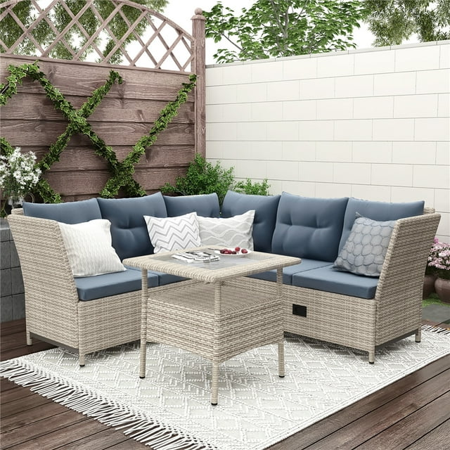 Outdoor Wicker Furniture Sets, 4 Piece Patio Conversation Set with Table, Corner Sofa, Two 2-Seat Sofas, PE Rattan Wicker Bistro Patio Set with Gray Cushions for Backyard, Porch, Garden, Pool, LLL462