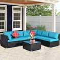 thumbnail image 1 of Outdoor Wicker Furniture Sets, 7 Piece Patio Furniture Sofa Set with 6 Rattan Wicker Chairs, Glass Coffee Table, All-Weather Outdoor Conversation Set with Blue Cushions for Backyard, Garden, LLL1496, 1 of 9