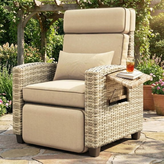Outdoor Wicker Gas Lift Chair with Cushion, 145 Adjustable PE Rattan Patio with Metal Frame, Height Adjustable Lounge Chair for Garden, Patio, Balcony & Backyard,Brown Wicker ,Khaki Cushion
