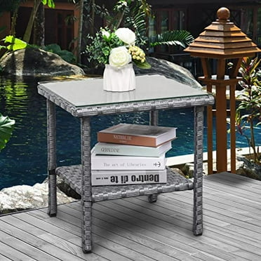 Outdoor Wicker Glass Top Side Table - Patio Rattan Square End Table with Storage, Grey