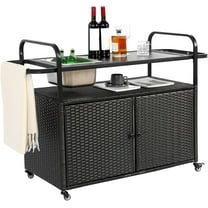 Outdoor Wicker Grill Serving Cart with Wheels - Steel Top BBQ Prep Station with Ice Bucket & Storage