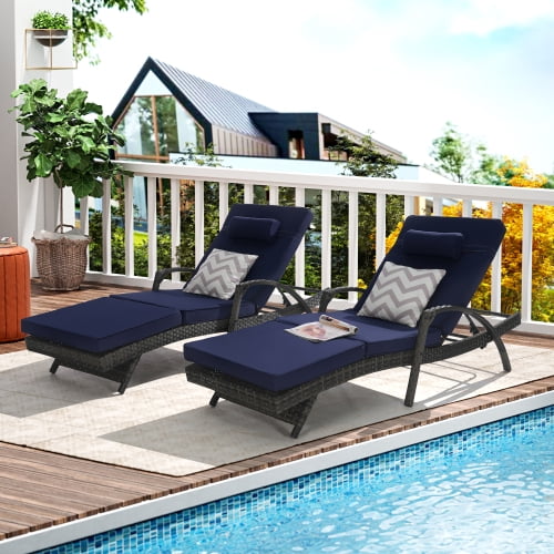 TK Outdoor Wicker Long Reclining Chair Set of 2 with Cushions Wicker Reclining Lounge Chair Lawn Sunbathing Chairs Recliner up to 150° Beach Poolside