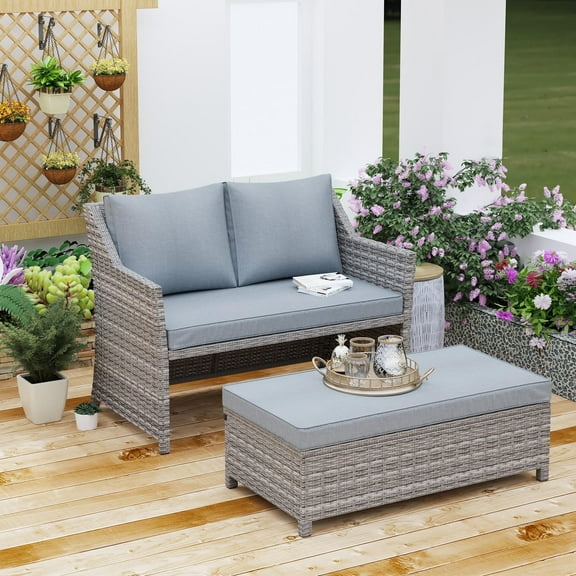 Outdoor Wicker Love Seat and Coffee Table Set, Weather Resistant Grey Rattan, Patio Furniture with Gray Cushions & Storage Bin