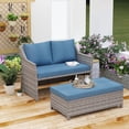 thumbnail image 1 of Outdoor Wicker Love Seat and Coffee Table Set, Weather Resistant Grey Rattan, Patio Furniture with Navy Blue Cushions & Storage Bin, 1 of 7