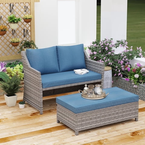 Outdoor Wicker Love Seat and Coffee Table Set, Weather Resistant Grey Rattan, Patio Furniture with Navy Blue Cushions & Storage Bin