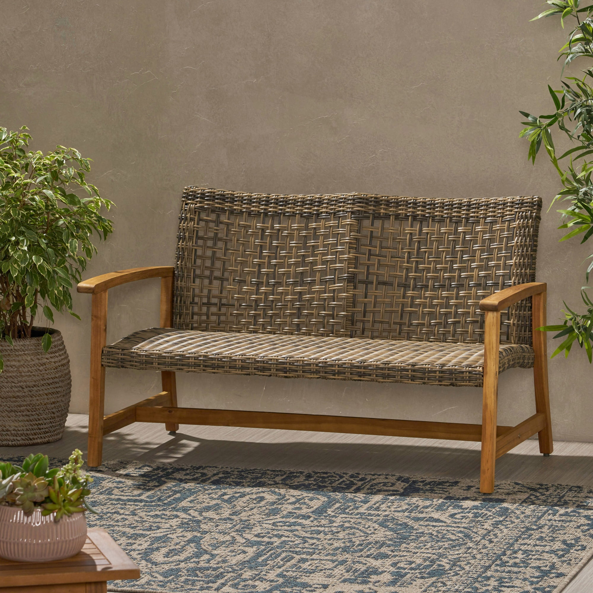 Outdoor Wicker Loveseat 52 Inch, Acacia Wood Patio Sofa with Iron Frame, Woven Seat Conversation Set for Backyard and Garden, Natural and Grey