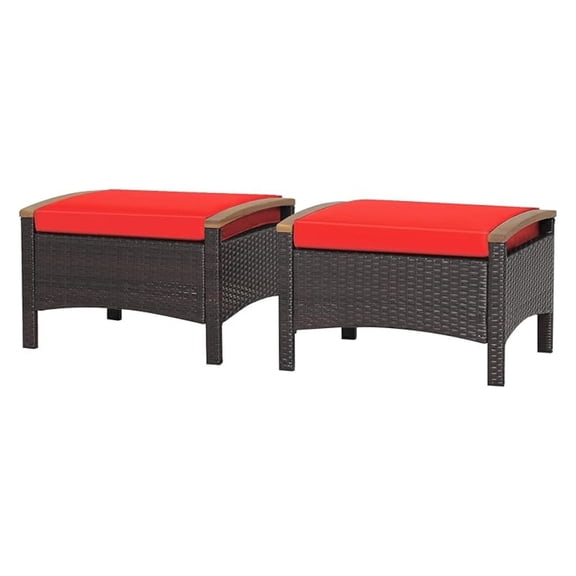Outdoor Wicker Ottomans for Patio - 2 Pieces PE Rattan Ottoman, Footrest Seat with Zippered Cushions, Wood Handles, 3-in-1 Footstool, Side Table for Poolside, Backyard (Red)