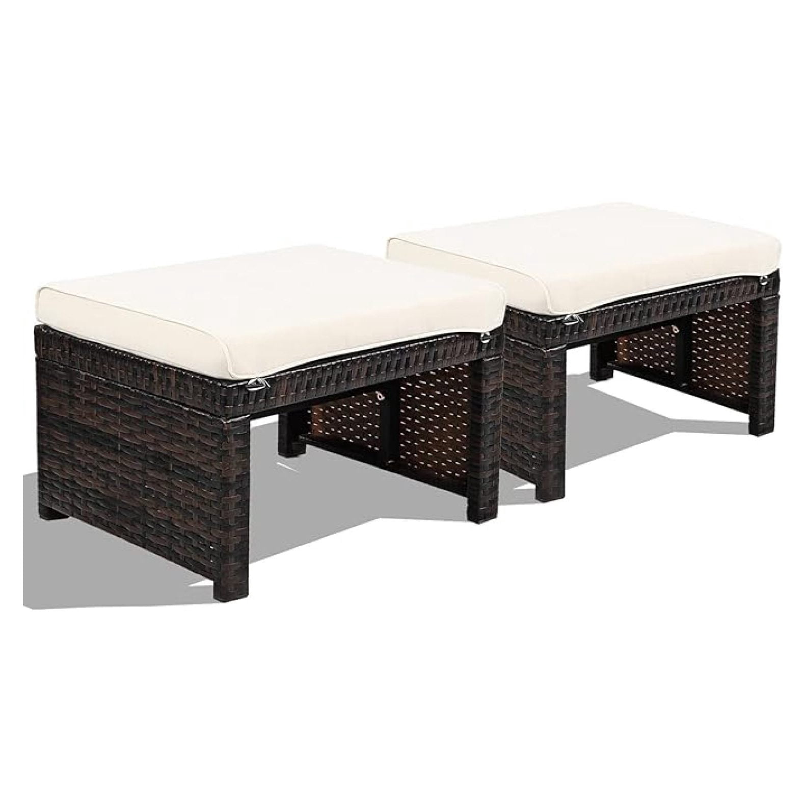 Outdoor Wicker Ottomans with Cushions, Steel Frame Patio Rattan Footstool, 2-Piece
